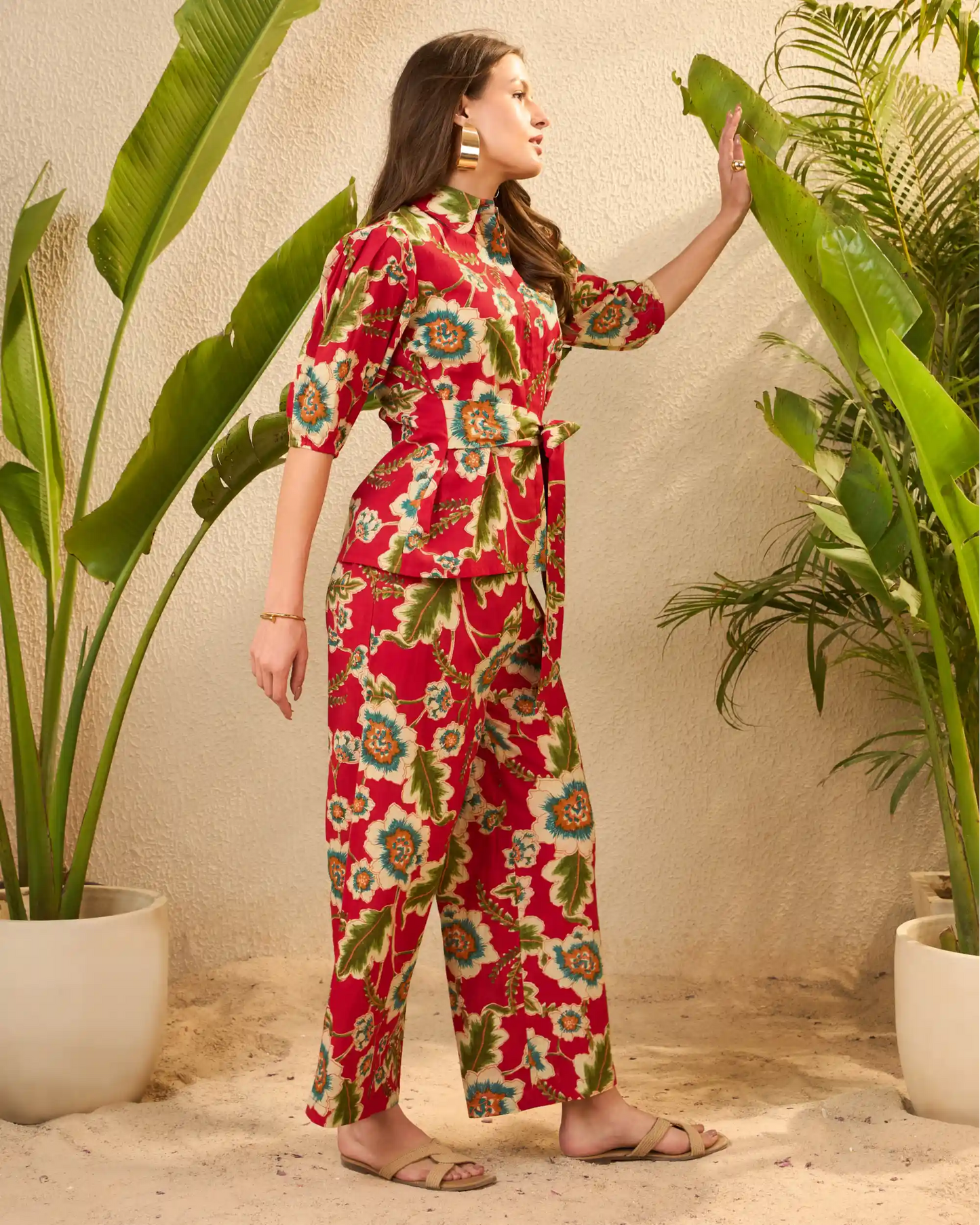IMANA Red Floral Printed Pure Cotton Shirt & Trousers Co-Ord Set