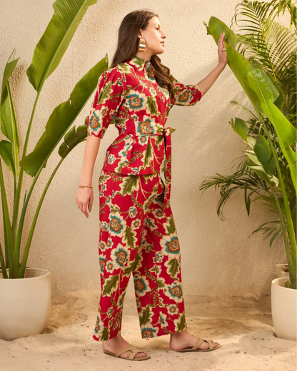 IMANA Red Floral Printed Pure Cotton Shirt & Trousers Co-Ord Set