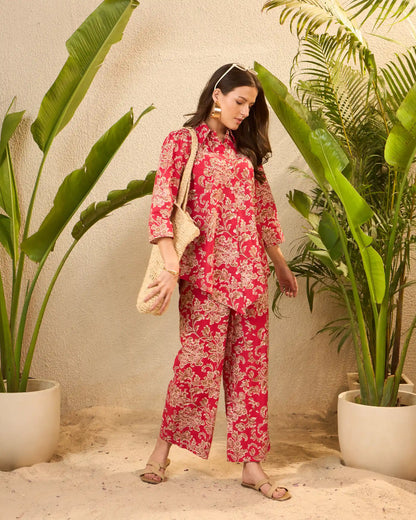 Red Floral Printed Pure Cotton Shirt & Trousers Co-Ord Set