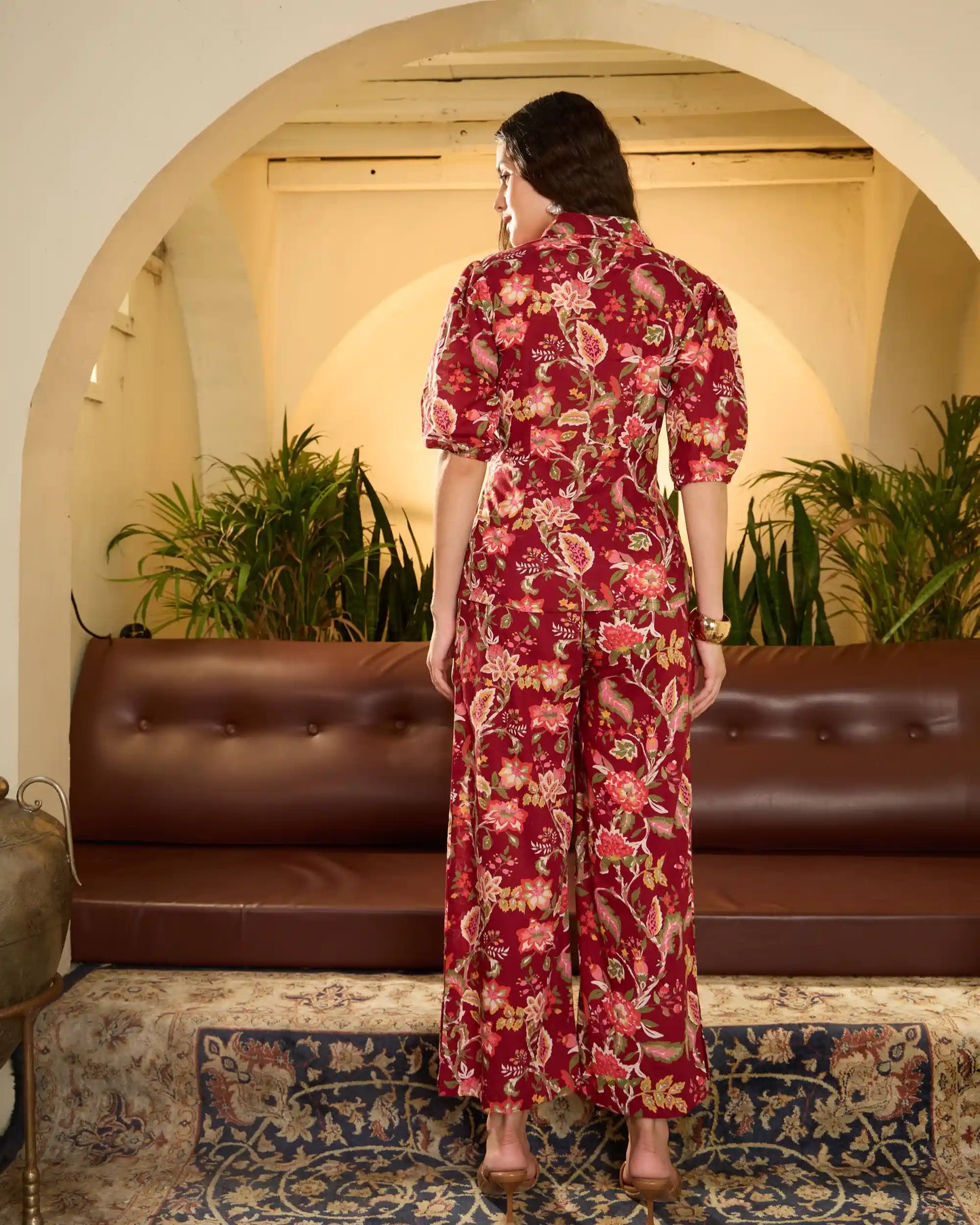 Red Floral Pure Cotton Mandarin Collar Shirt & Trouser Set