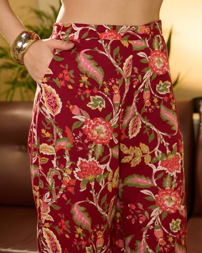 Red Floral Pure Cotton Mandarin Collar Shirt & Trouser Set