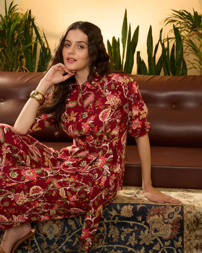 Red Floral Pure Cotton Mandarin Collar Shirt & Trouser Set