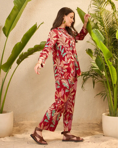 Red Floral Pure Cotton Mandarin Neck Tunic & Palazzo Set