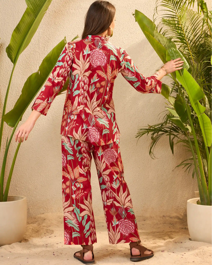 Red Floral Pure Cotton Mandarin Neck Tunic & Palazzo Set