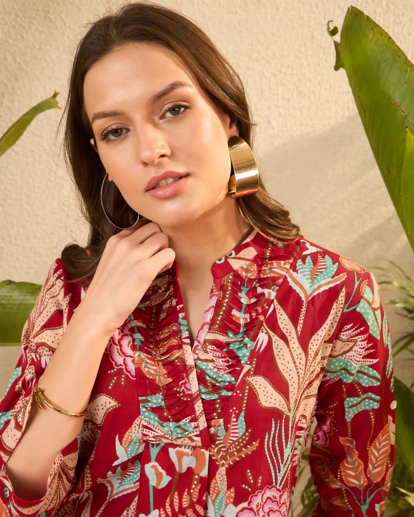 Red Floral Pure Cotton Mandarin Neck Tunic & Palazzo Set