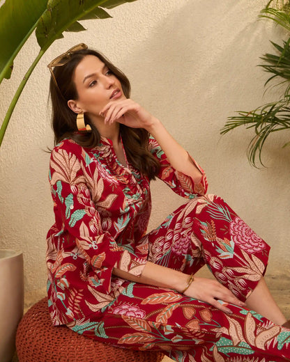 Red Floral Pure Cotton Mandarin Neck Tunic & Palazzo Set