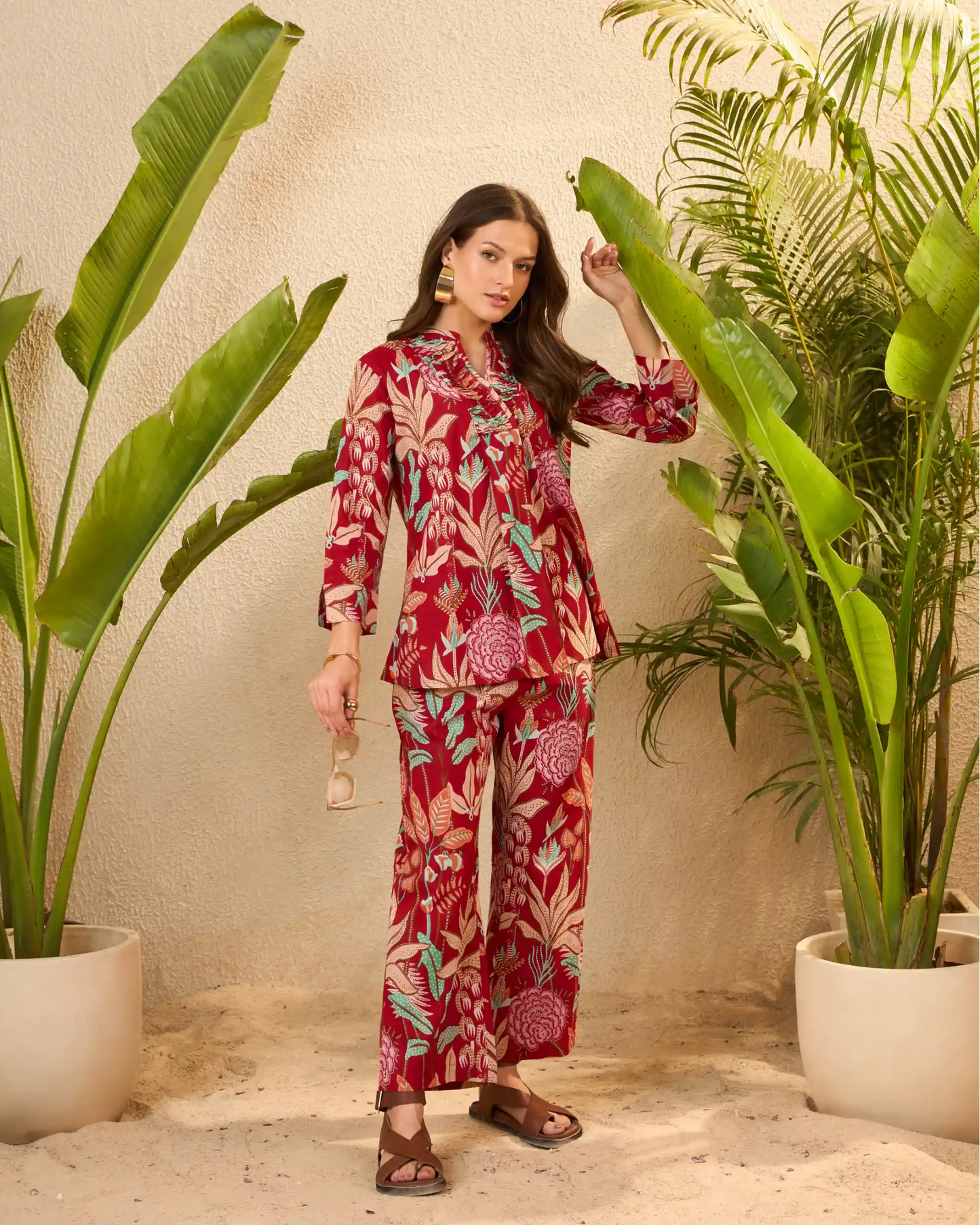 Red Floral Pure Cotton Mandarin Neck Tunic & Palazzo Set