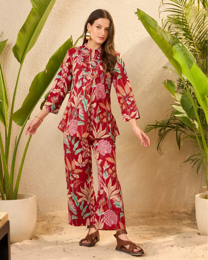 Red Floral Pure Cotton Mandarin Neck Tunic & Palazzo Set