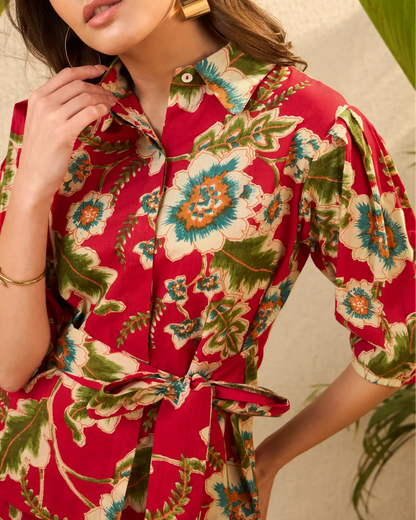 IMANA Red Floral Printed Pure Cotton Shirt & Trousers Co-Ord Set