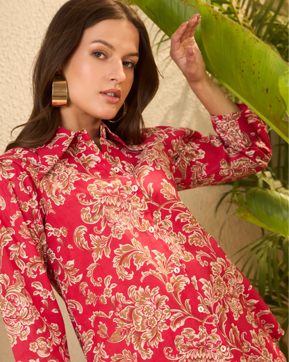 Red Floral Printed Pure Cotton Shirt & Trousers Co-Ord Set