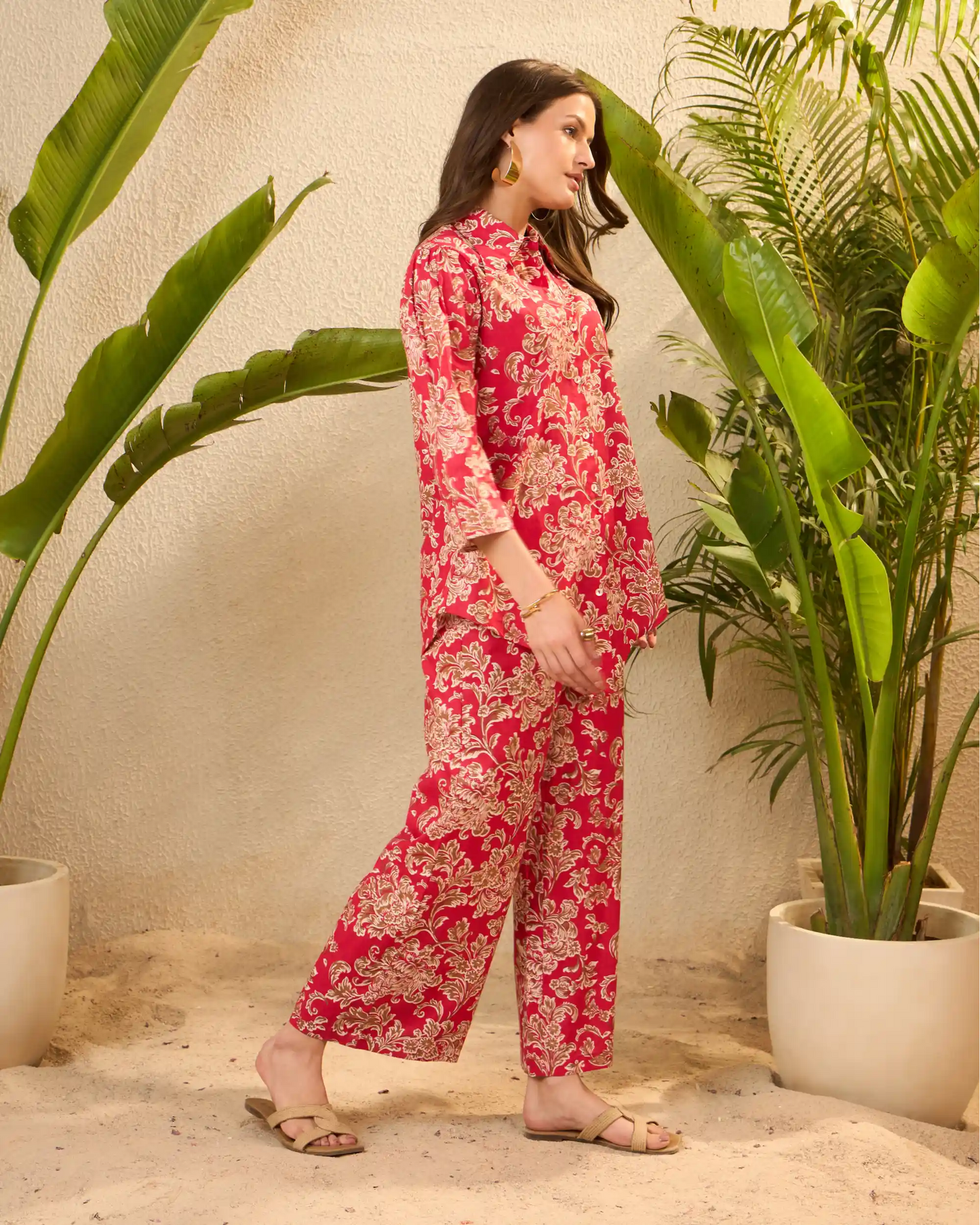 Red Floral Printed Pure Cotton Shirt & Trousers Co-Ord Set