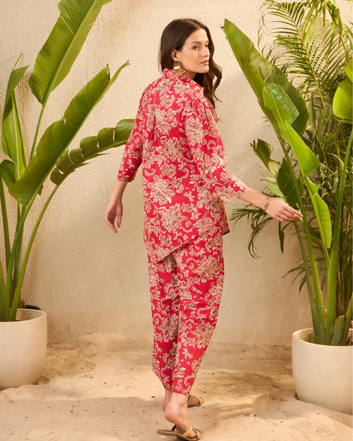 Red Floral Printed Pure Cotton Shirt & Trousers Co-Ord Set