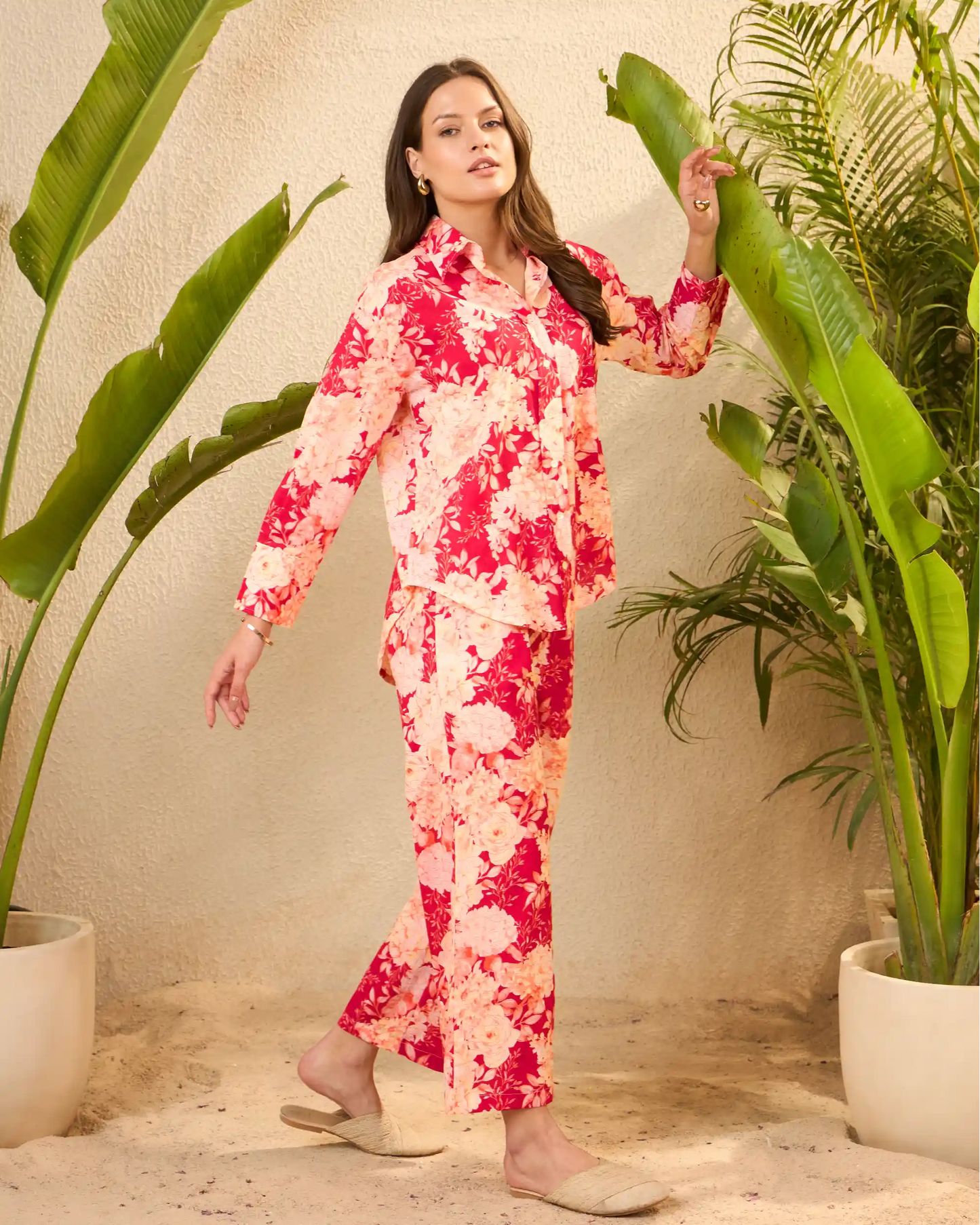 Red Floral Pure Cotton Shirt Collar Co-Ord Set with Trousers