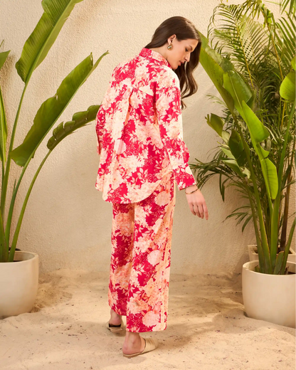 Red Floral Pure Cotton Shirt Collar Co-Ord Set with Trousers
