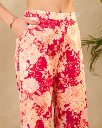 Red Floral Pure Cotton Shirt Collar Co-Ord Set with Trousers