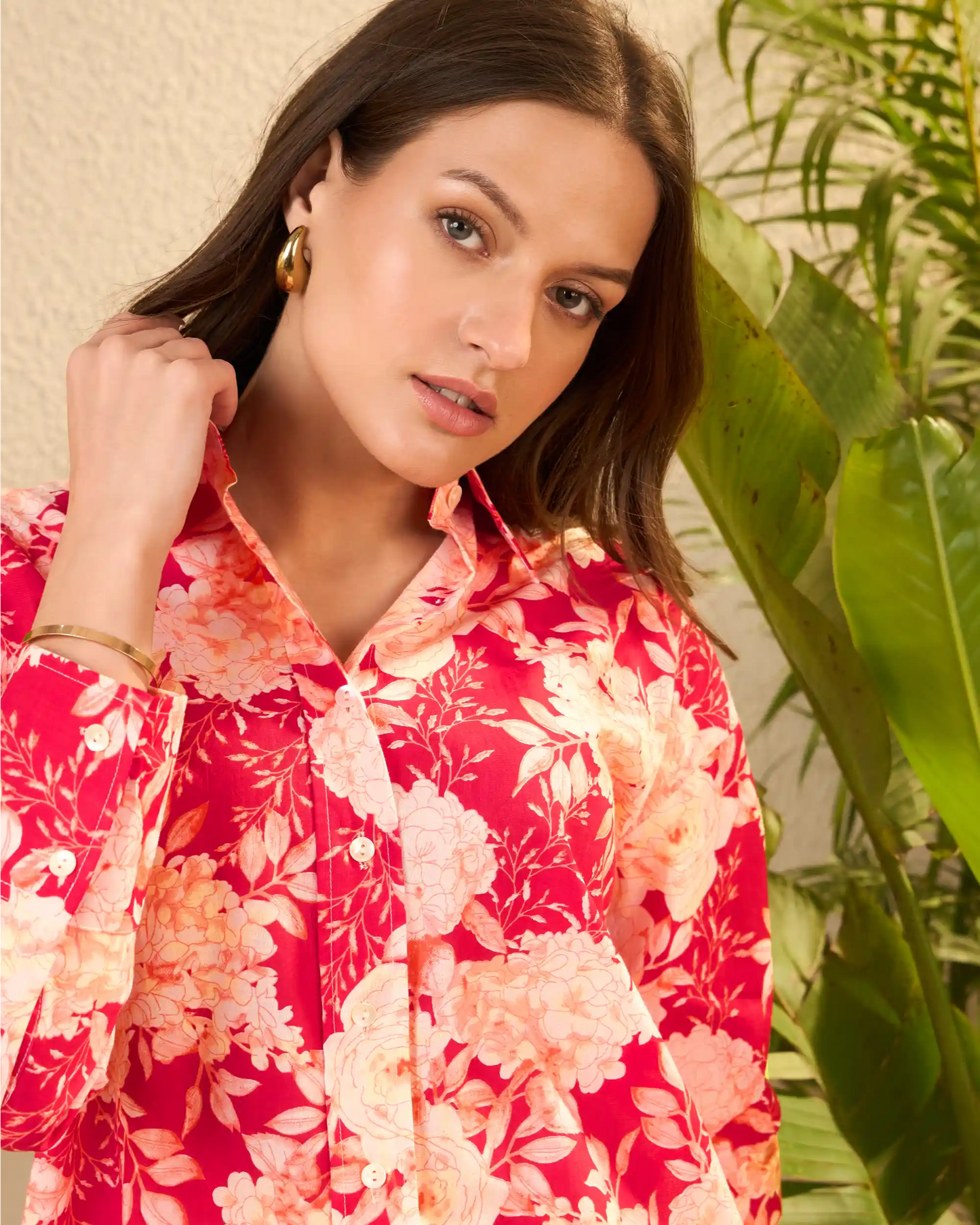 Red Floral Pure Cotton Shirt Collar Co-Ord Set with Trousers