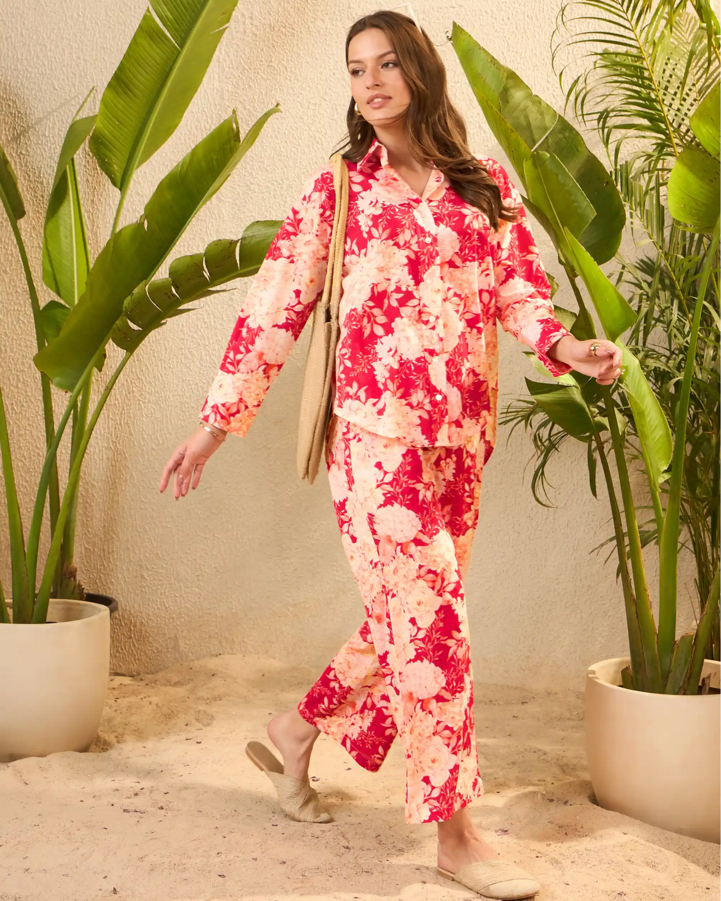 Red Floral Pure Cotton Shirt Collar Co-Ord Set with Trousers