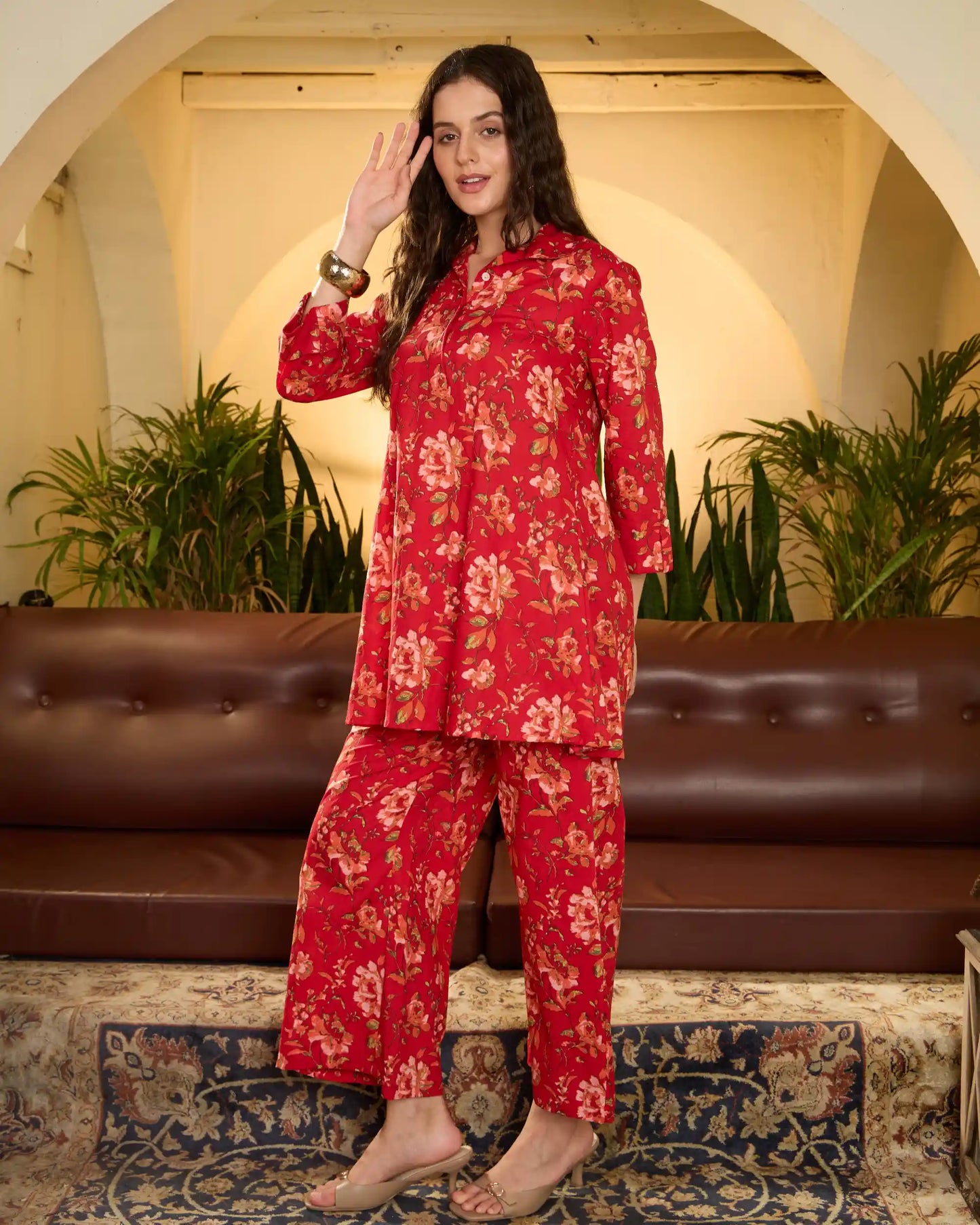 Red Floral Pure Cotton Shirt Collar Top & Trouser Co-Ord Set