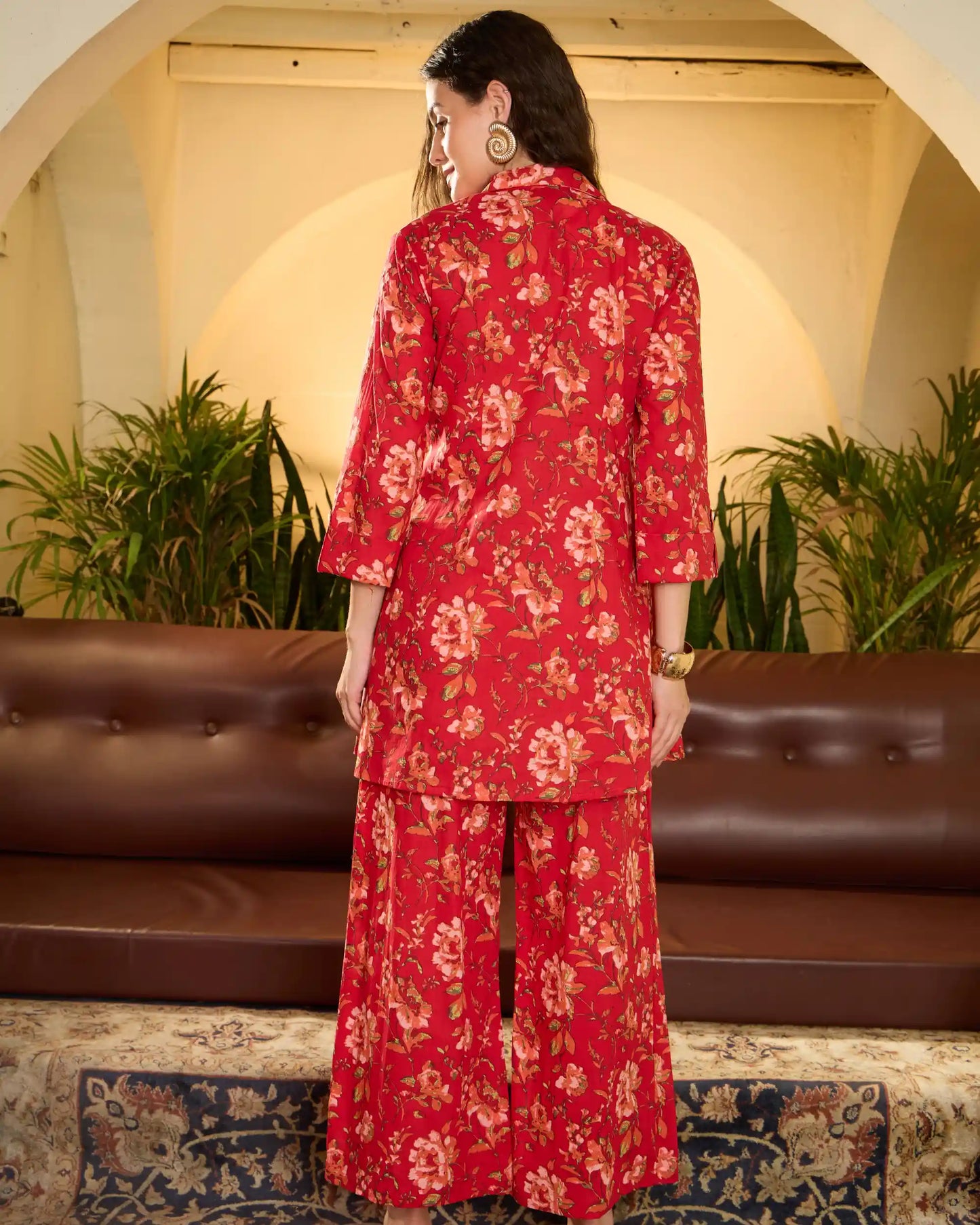 Red Floral Pure Cotton Shirt Collar Top & Trouser Co-Ord Set
