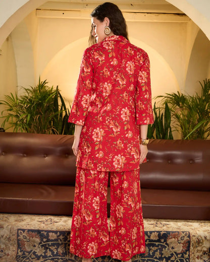 Red Floral Pure Cotton Shirt Collar Top & Trouser Co-Ord Set