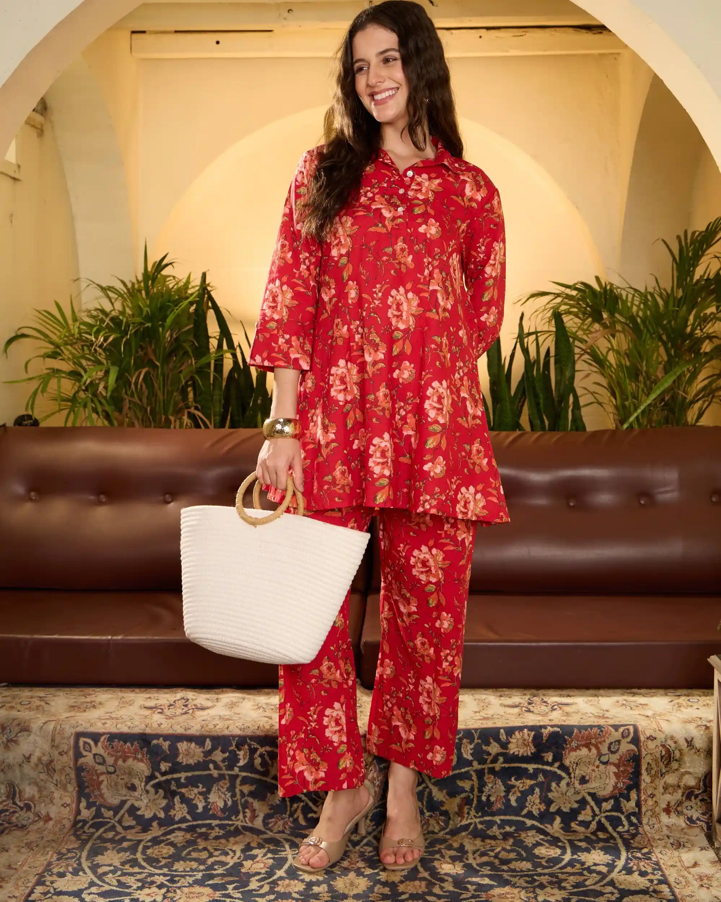 Red Floral Pure Cotton Shirt Collar Top & Trouser Co-Ord Set