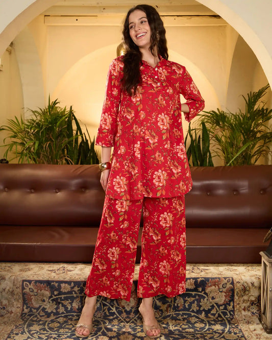Red Floral Pure Cotton Shirt Collar Top & Trouser Co-Ord Set