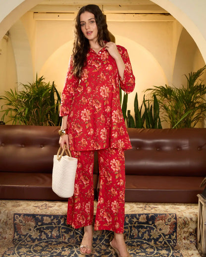 Red Floral Pure Cotton Shirt Collar Top & Trouser Co-Ord Set