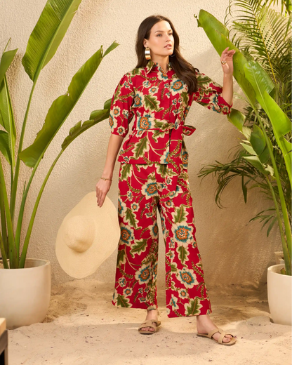 IMANA Red Floral Printed Pure Cotton Shirt & Trousers Co-Ord Set