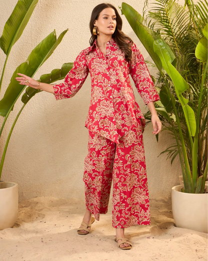 Red Floral Printed Pure Cotton Shirt & Trousers Co-Ord Set