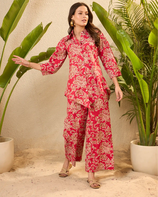 Red Floral Printed Pure Cotton Shirt & Trousers Co-Ord Set