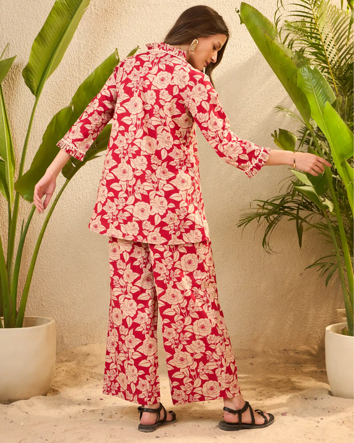 Red Floral Pure Cotton V-Neck Top & Trouser Co-Ord Set