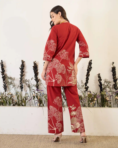 Red Floral Pure Cotton V-Neck Tunic & Trouser Co-Ord Set