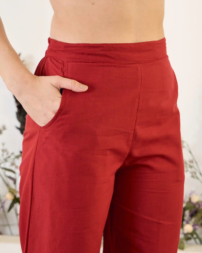 Red Floral Pure Cotton V-Neck Tunic & Trouser Co-Ord Set