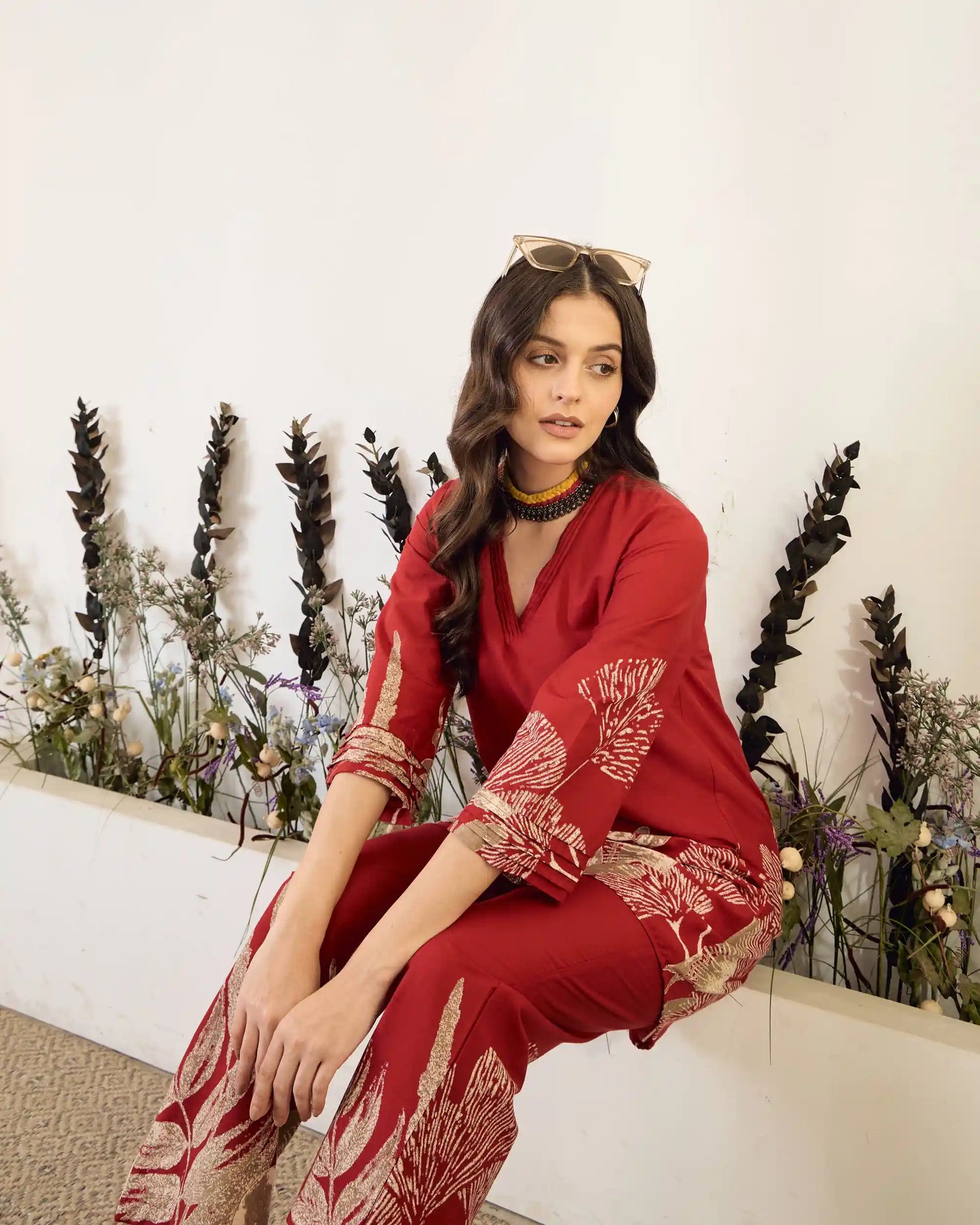 Red Floral Pure Cotton V-Neck Tunic & Trouser Co-Ord Set