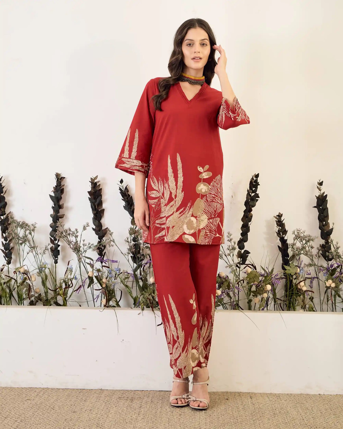 Red Floral Pure Cotton V-Neck Tunic & Trouser Co-Ord Set