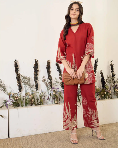 Red Floral Pure Cotton V-Neck Tunic & Trouser Co-Ord Set