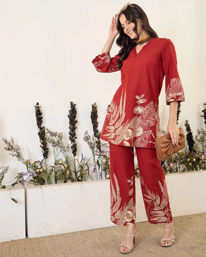 Red Floral Pure Cotton V-Neck Tunic & Trouser Co-Ord Set