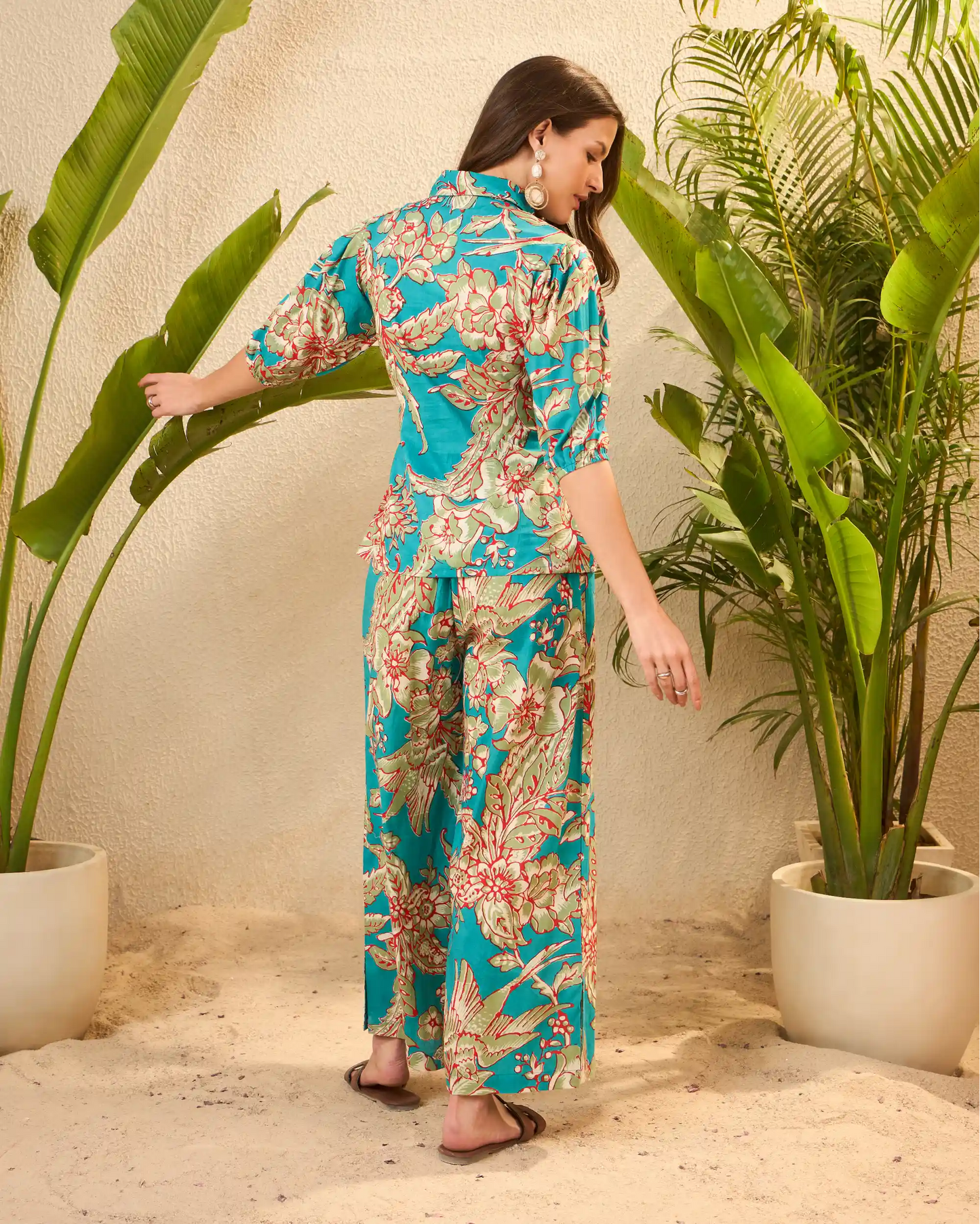 IMANA Turquoise Floral Printed Pure Cotton Shirt & Trousers Co-Ord Set