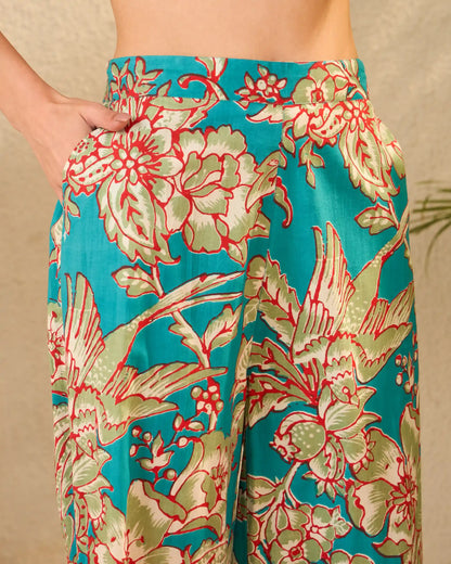 IMANA Turquoise Floral Printed Pure Cotton Shirt & Trousers Co-Ord Set