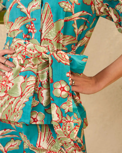 IMANA Turquoise Floral Printed Pure Cotton Shirt & Trousers Co-Ord Set