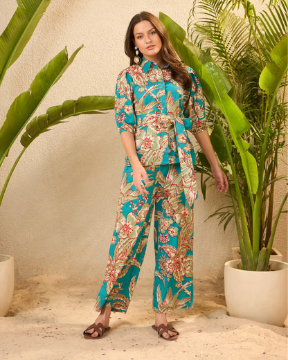 IMANA Turquoise Floral Printed Pure Cotton Shirt & Trousers Co-Ord Set