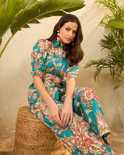 IMANA Turquoise Floral Printed Pure Cotton Shirt & Trousers Co-Ord Set