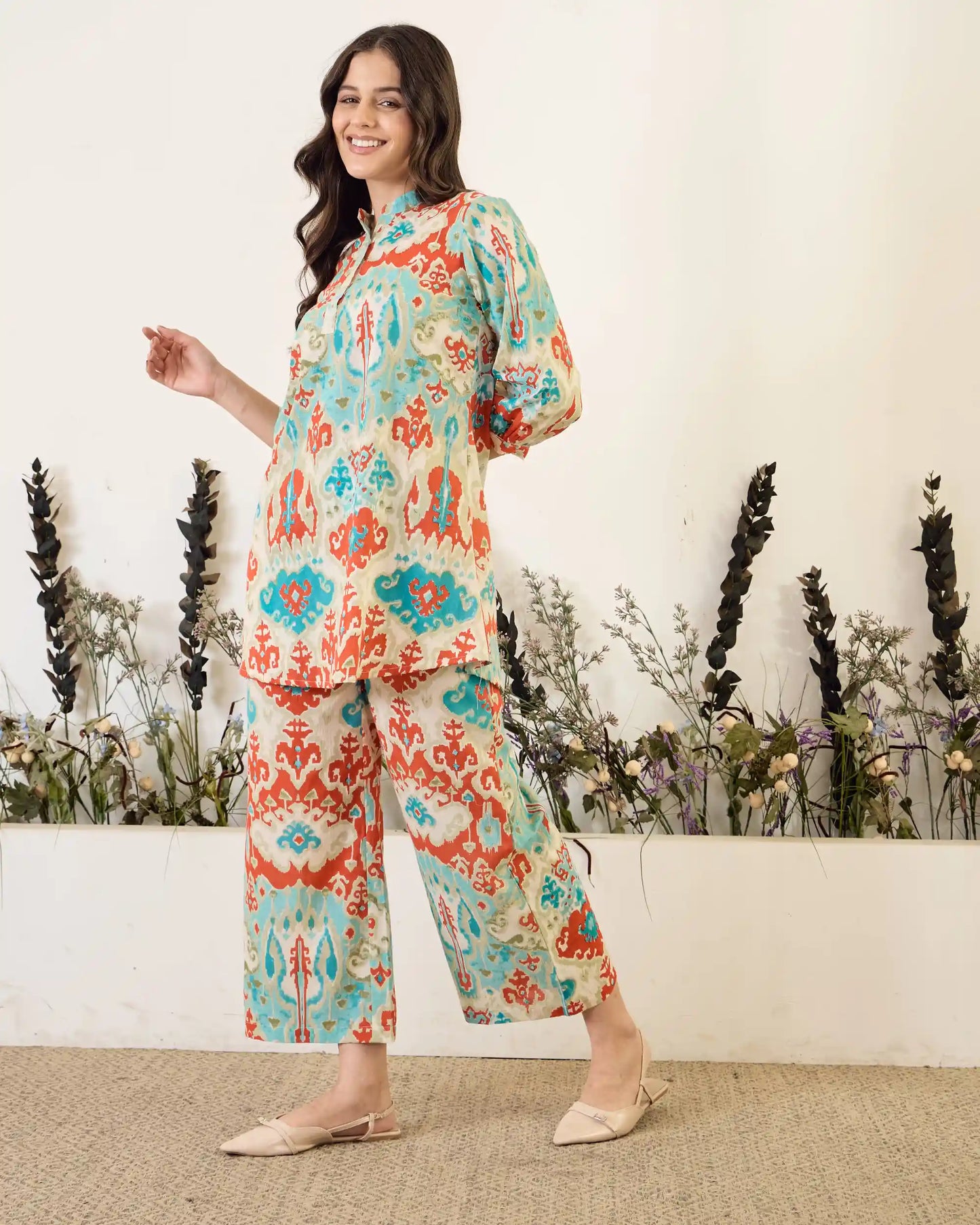 Turquoise Ikat Pure Cotton Mandarin Neck Co-Ord Set