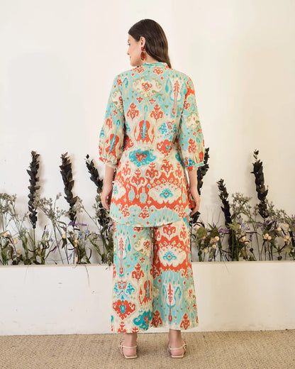 Turquoise Ikat Pure Cotton Mandarin Neck Co-Ord Set