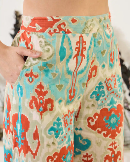 Turquoise Ikat Pure Cotton Mandarin Neck Co-Ord Set