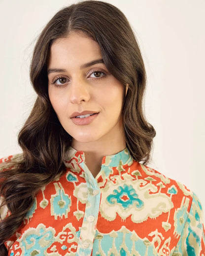 Turquoise Ikat Pure Cotton Mandarin Neck Co-Ord Set