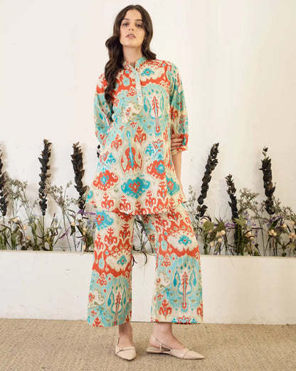 Turquoise Ikat Pure Cotton Mandarin Neck Co-Ord Set