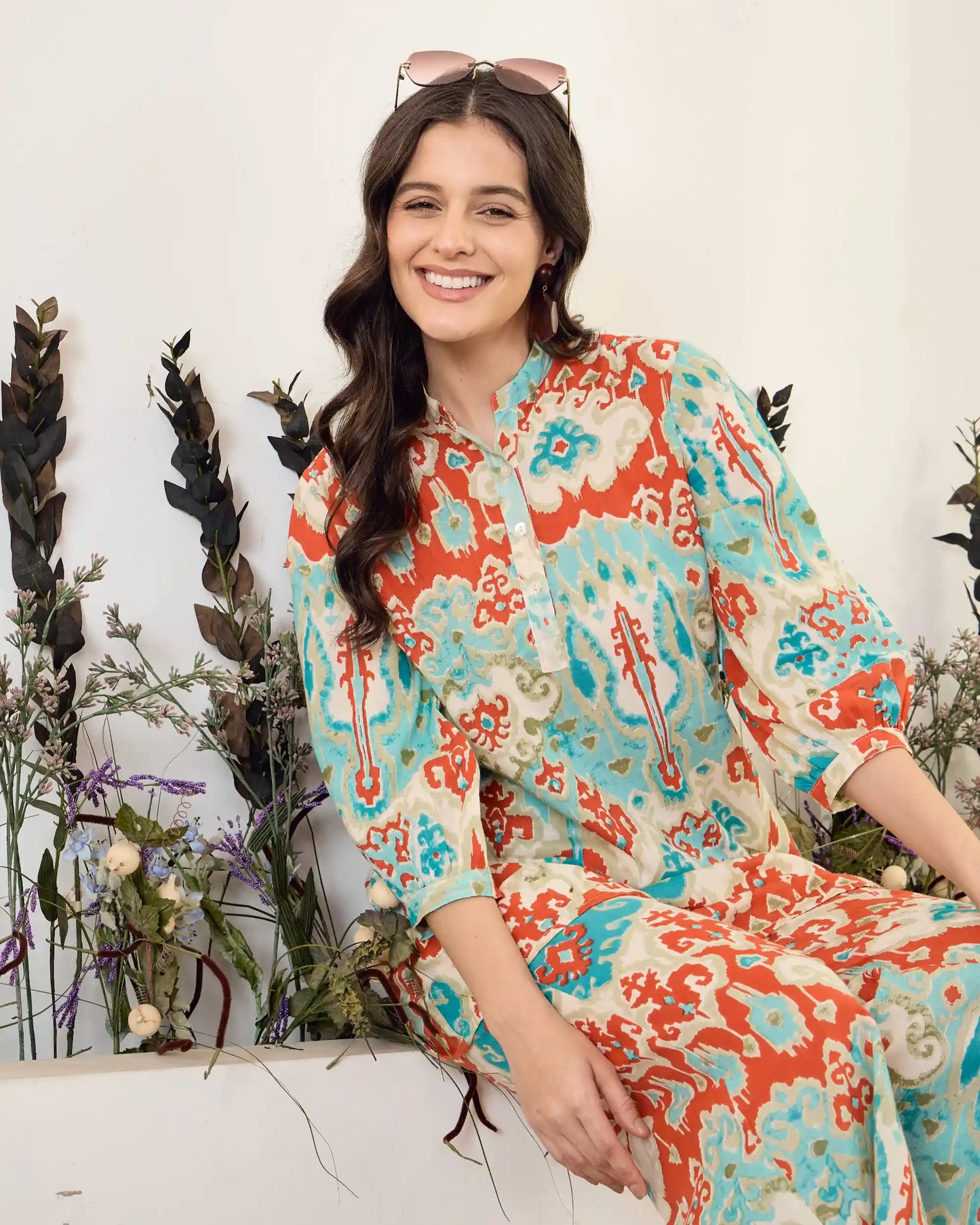 Turquoise Ikat Pure Cotton Mandarin Neck Co-Ord Set