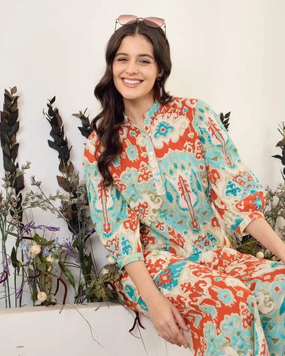 Turquoise Ikat Pure Cotton Mandarin Neck Co-Ord Set