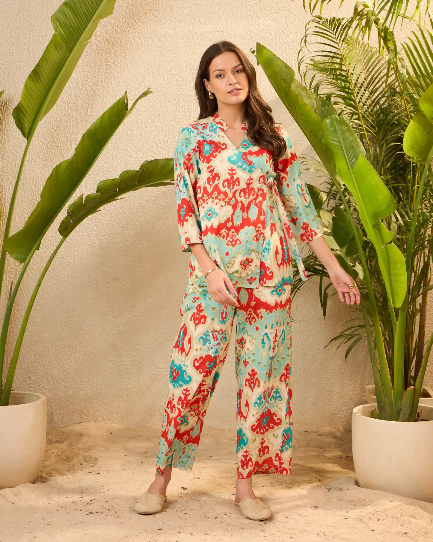 Turquoise Printed Pure Cotton V-Neck Co-Ord Set